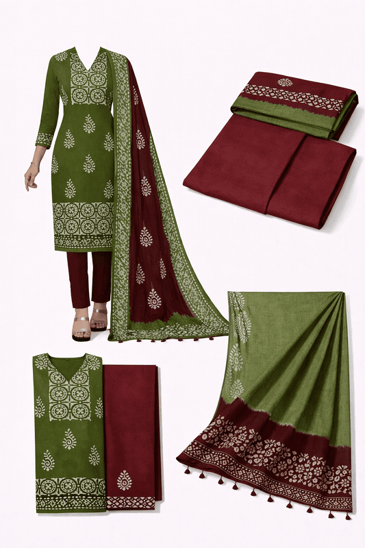 Unstitched Green Salwar Suit Set with Dupatta, Elegant in traditional green and maroon