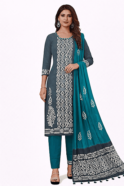 Unstitched-Cotton Kurta with Printed Patterns set in slate gray and turquoise