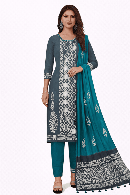 Unstitched-Cotton Kurta with Printed Patterns set in slate gray and turquoise