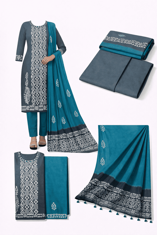 Unstitched-Cotton Kurta with Printed Patterns set in slate gray and turquoise