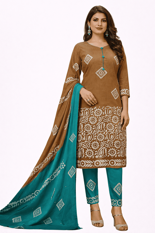 Unstitched-Ethnic Indian Kurta Set Traditional elegance in brown and turquoise