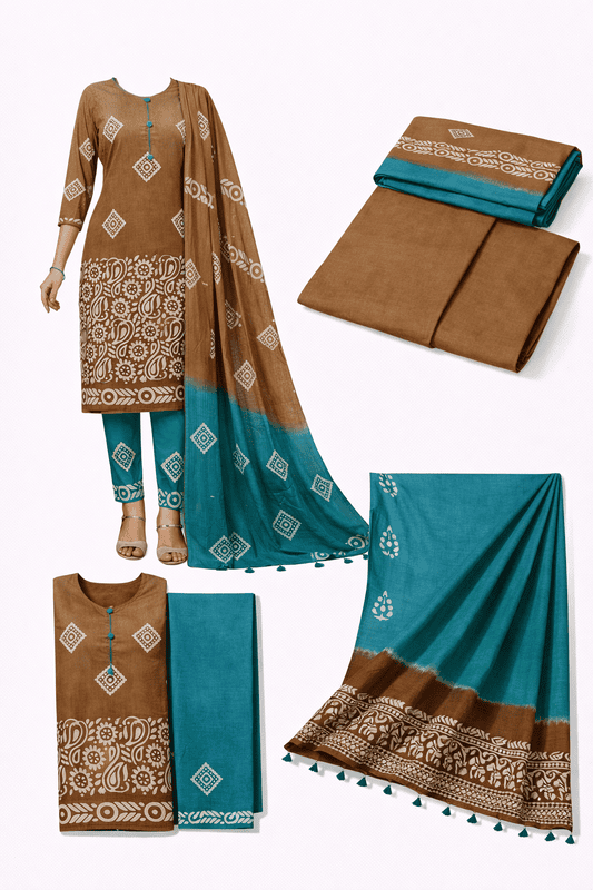 Unstitched-Ethnic Indian Kurta Set Traditional elegance in brown and turquoise