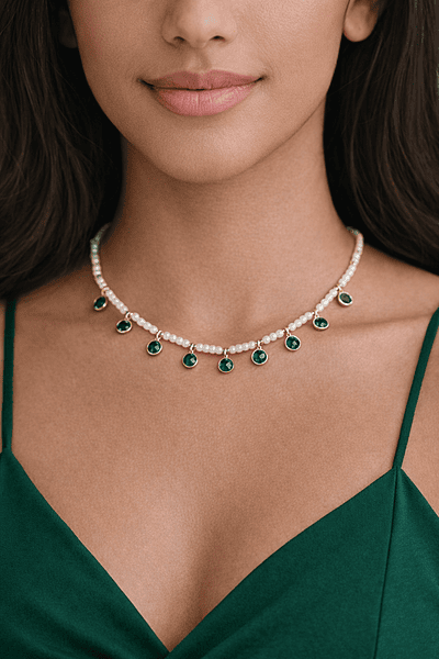 Green Stone Pearl Charm Necklace