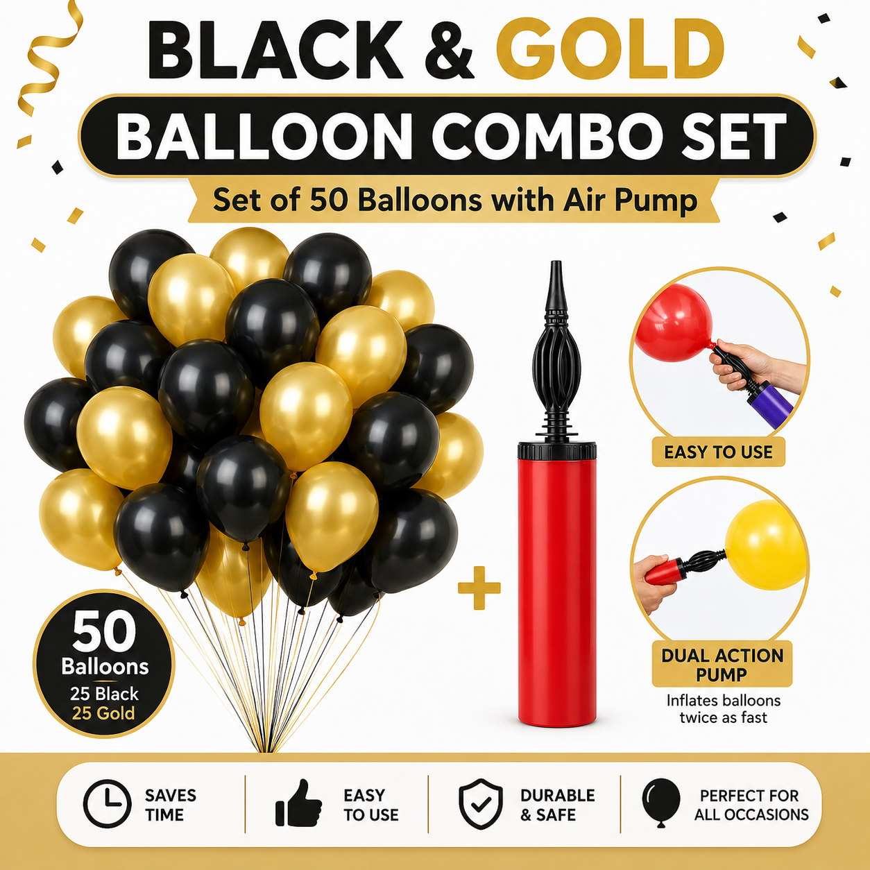 Metallic Balloons-Golden & Black(50Pcs),Air Balloon Pump-Combo|for Party Decor