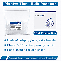 10μl Universal Pipette Tips,  PP,  Bulk,  Non-Sterile,  DNase & RNase free,  Clear,  1000 Pieces/Bag,  2 Bags/Pack,  5 Packs/Case