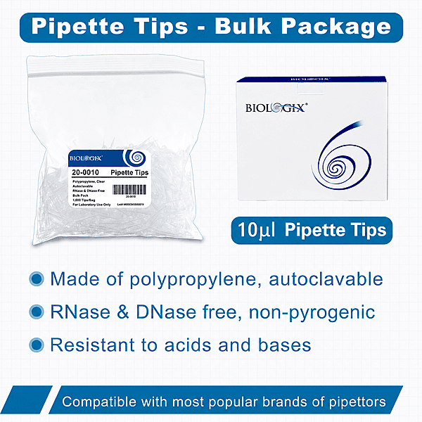 10μl Universal Pipette Tips,  PP,  Bulk,  Non-Sterile,  DNase & RNase free,  Clear,  1000 Pieces/Bag,  2 Bags/Pack,  5 Packs/Case