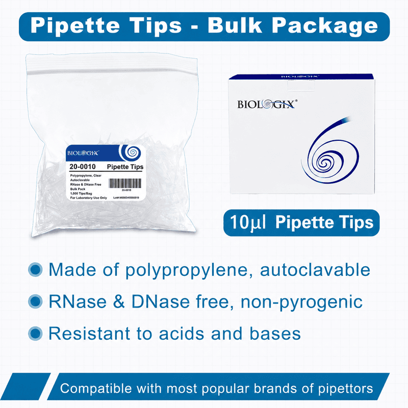 10μl Universal Pipette Tips,  PP,  Bulk,  Non-Sterile,  DNase & RNase free,  Clear,  1000 Pieces/Bag,  2 Bags/Pack,  5 Packs/Case