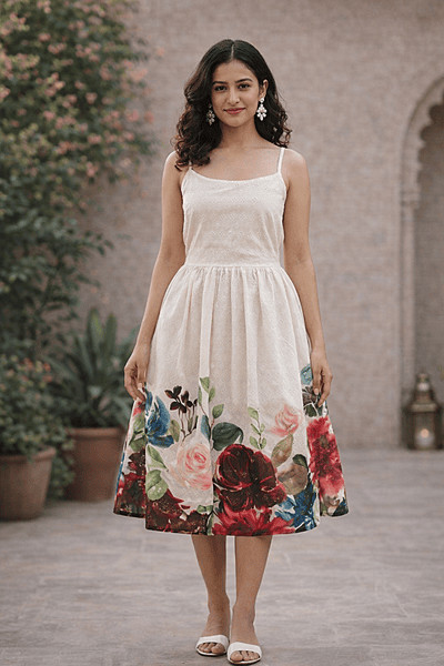 Women's Floral Printed Hem Midi Dress