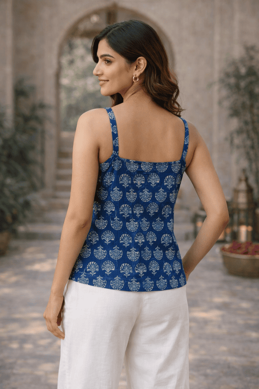 Indigo Blue Printed Cotton Spaghetti top