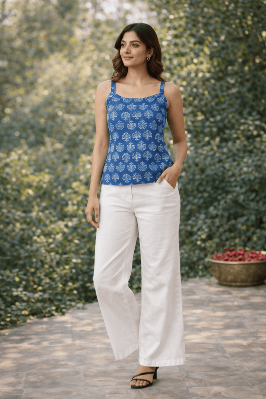Indigo Blue Printed Cotton Spaghetti top