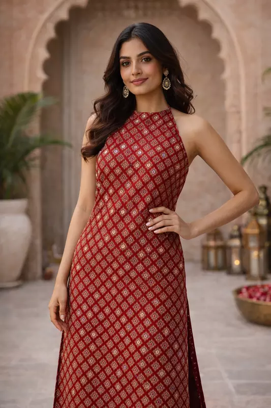 Rust Red Printed Halter neck kurti