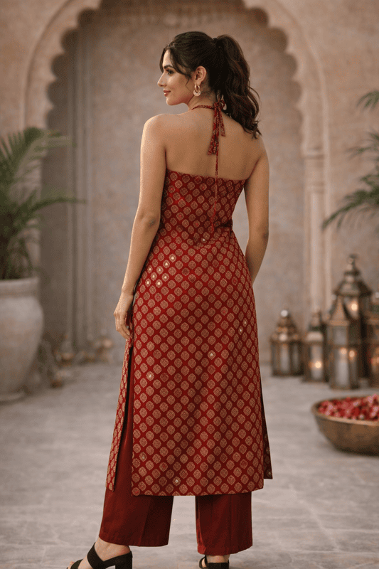 Rust Red Printed Halter neck kurti