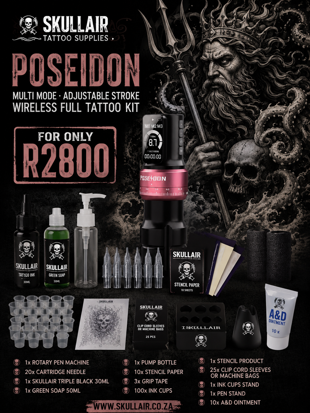 Poseidon Multi Mode  Adjustable stroke Wireless Full Tattoo Kit