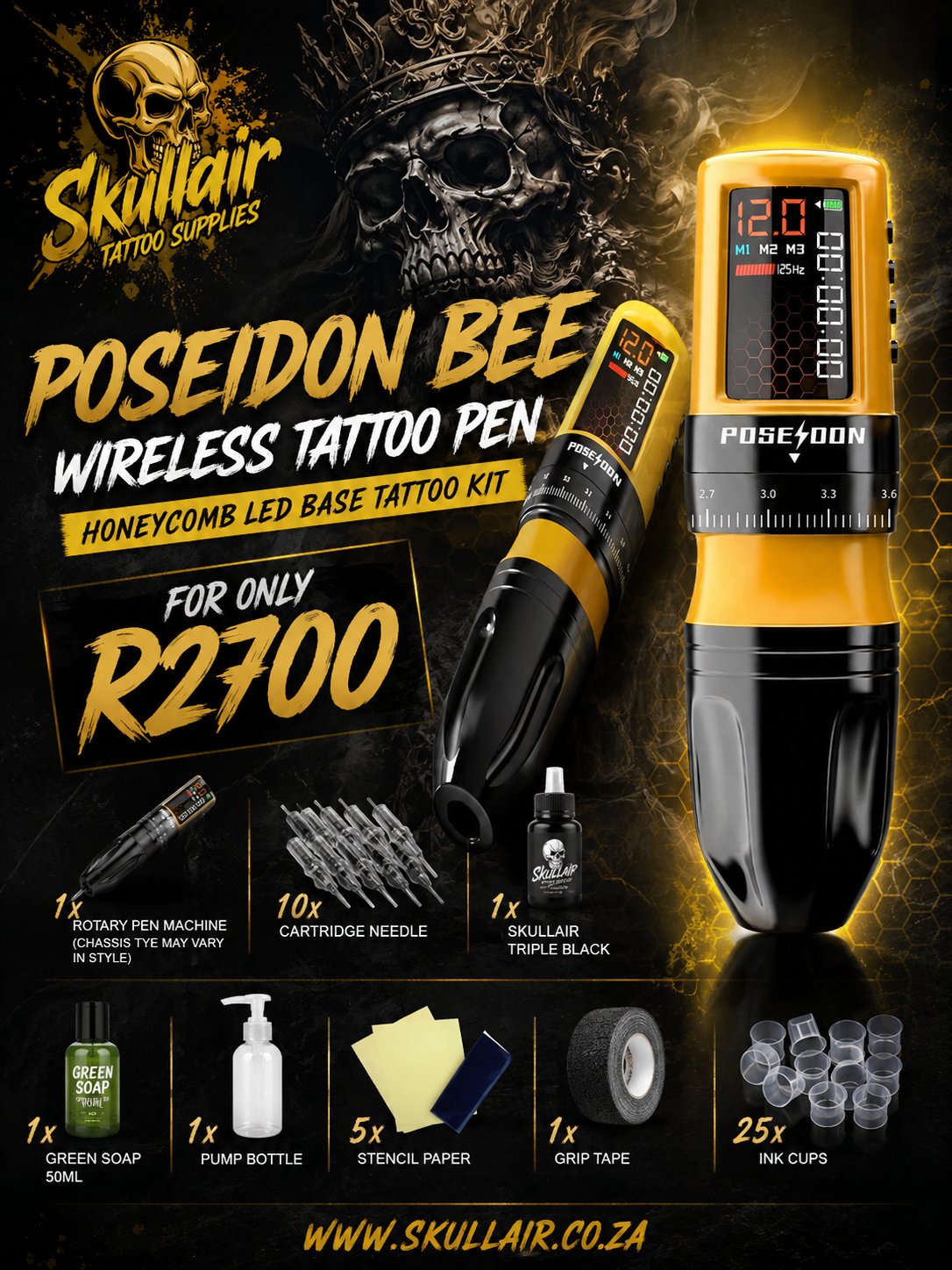 POSEIDON BEE Wireless Tattoo Pen – Honeycomb LED Base Tattoo Kit