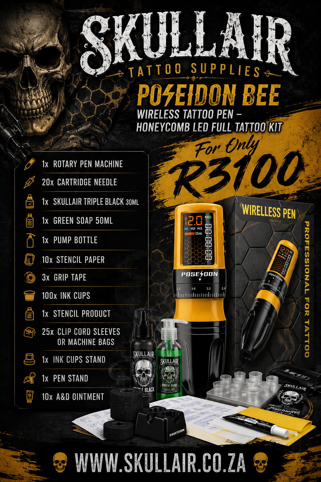 POSEIDON BEE Wireless Tattoo Pen – Honeycomb LED Full Tattoo Kit