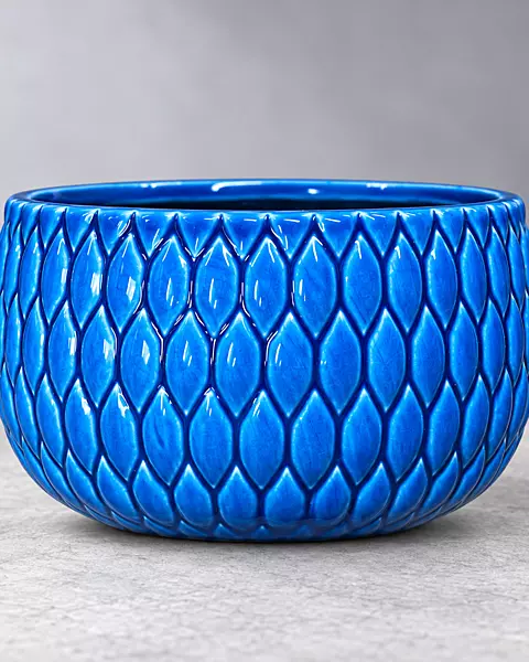 Cobalt Blue Ceramic Plant Pot with Leaf Pattern