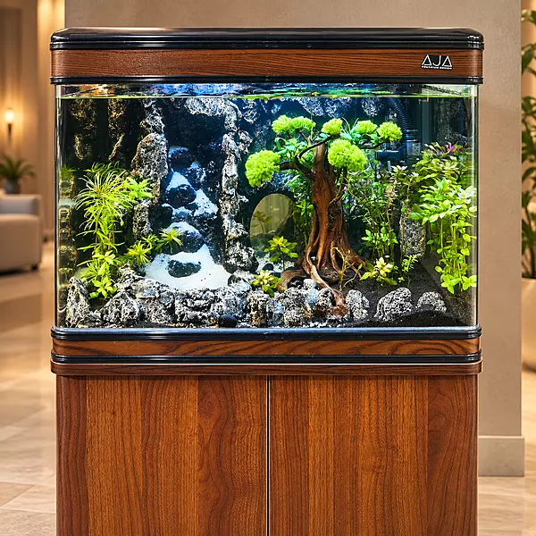Woodgrain Aquarium with Tree and Rocky Aquascape