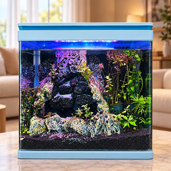 Blue Trim Aquarium with Rocky Aquascape and Plants