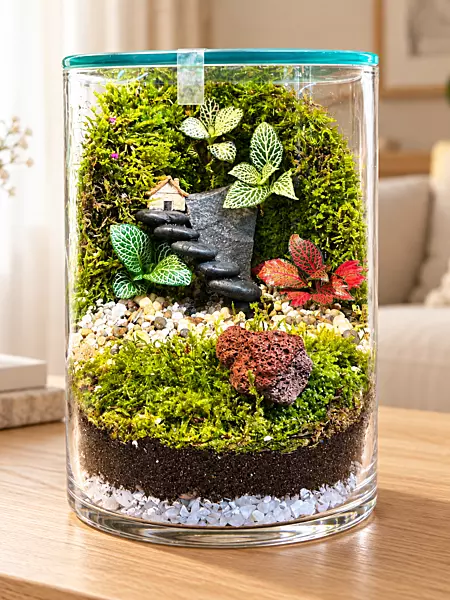 Cylindrical Glass Terrarium with Miniature House