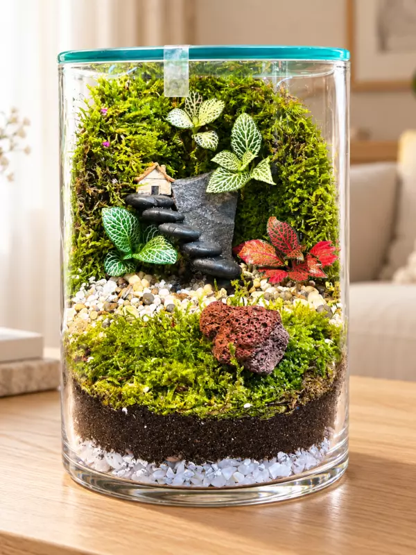 Cylindrical Glass Terrarium with Miniature House
