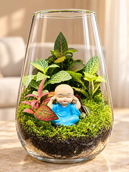 Glass Terrarium with Blue Monk Figurine and Colourful Plants
