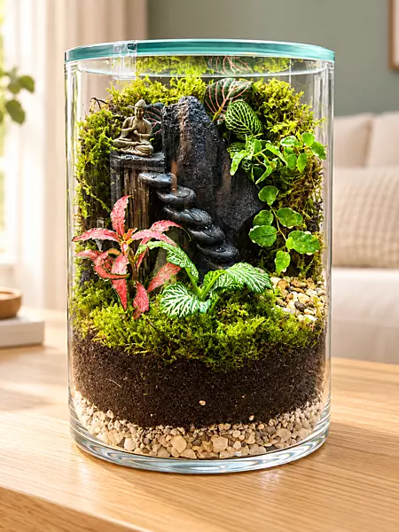 Cylindrical Glass Terrarium with Buddha Figurine and Stone Steps