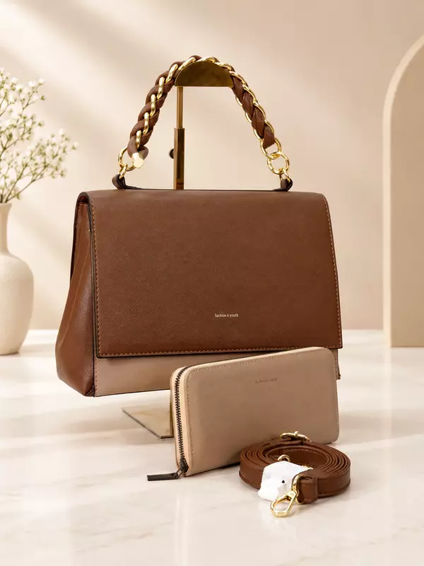 Holley.Vivi Elegant Handbag Set with Matching Pouch & Braided Handle