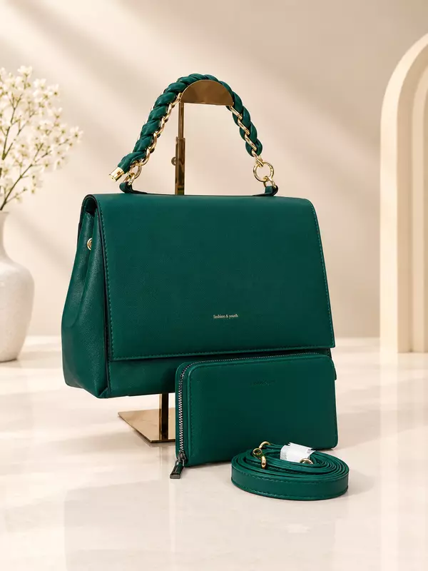 Holley.Vivi Elegant Handbag Set with Matching Pouch & Braided Handle