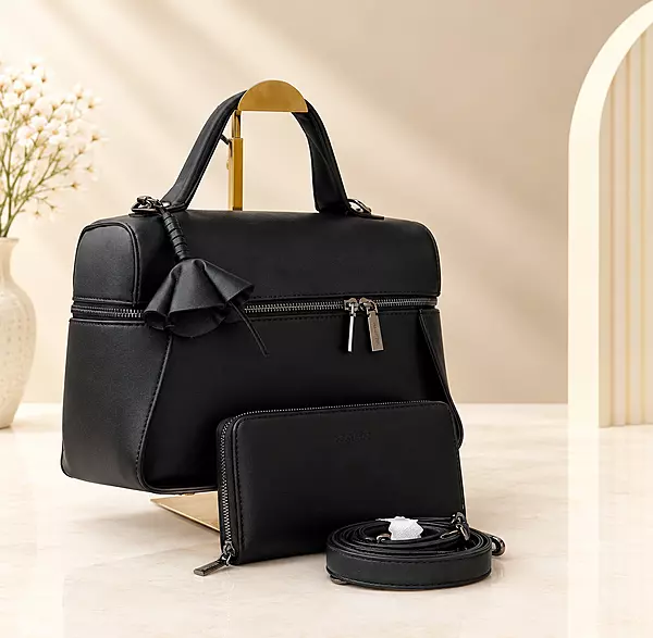 Elegant Black 2-Piece Handbag Set with Matching Pouch & Shoulder Strap