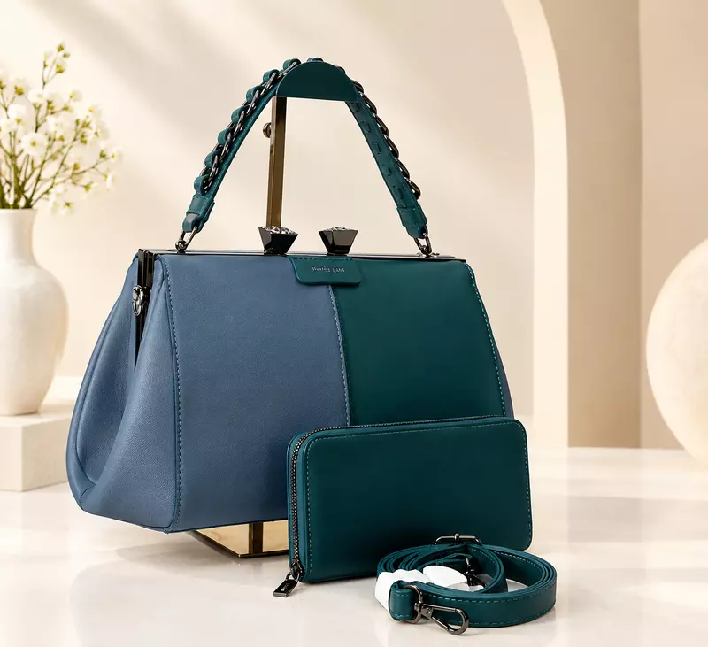 Holley.Vivi Two-Tone Teal & Blue Structured Top-Handle Handbag Set
