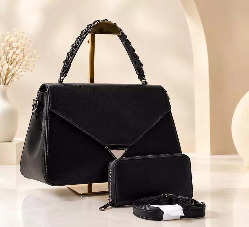 Holley.Vivi Elegant Black Structured Handbag Set with Matching Pouch & Shoulder Strap