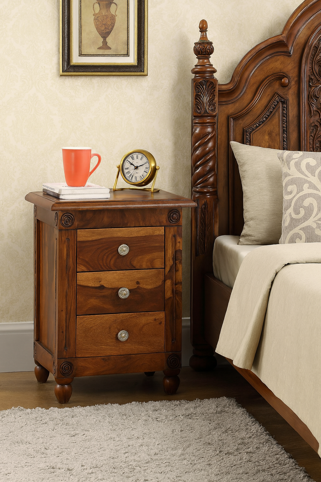Louis Three Drawer Solidwood Bedside Nightstand