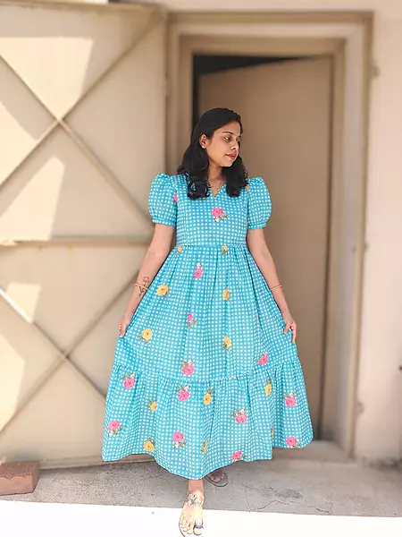 Cambric Cotton: Checks maxi 'Blue' Feeding