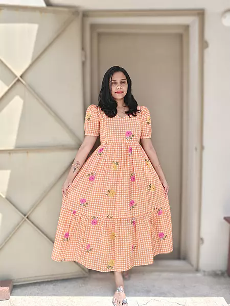 Cambric Cotton: Checks Maxi 'Orange' Feeding
