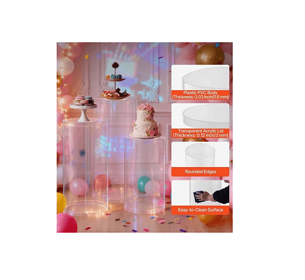 Clear Cake Cylinder Stands Rental — Set of 3 / Alquiler de soportes de Cake cilindro transparente — Juego de 3