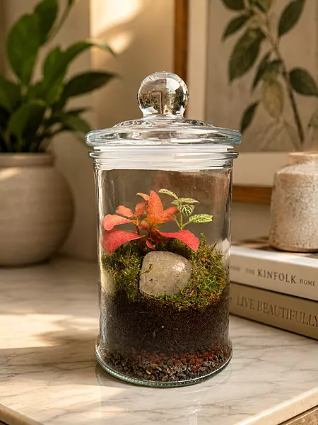 Ruby Fittonia Glass Jar Terrarium – Mini Indoor Garden