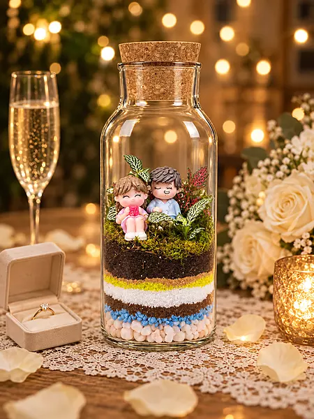 Sweet Couple Glass Terrarium with Blue and Yellow Sand