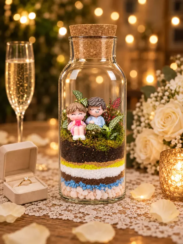 Sweet Couple Glass Terrarium with Blue and Yellow Sand