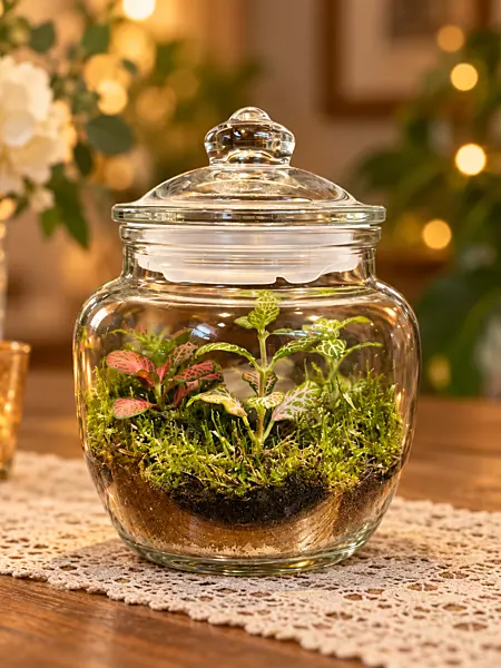 Mini Glass Terrarium with Pink and Green Foliage