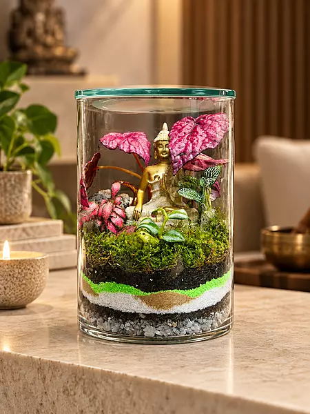 Buddha Glass Terrarium with Pink Foliage