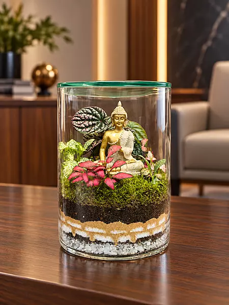 Buddha Glass Terrarium with Pink and Green Foliage