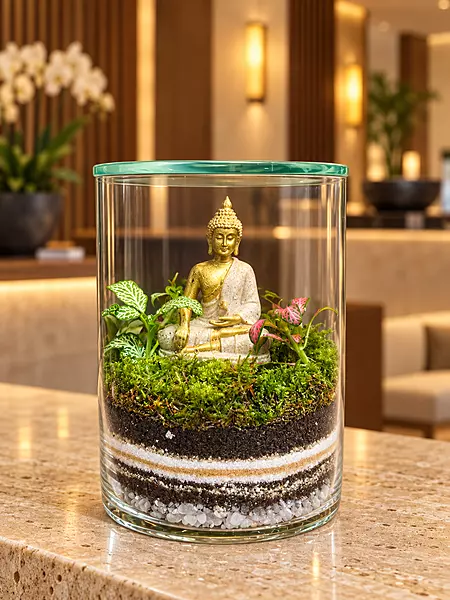 Buddha Glass Terrarium with Moss and Layered Sand