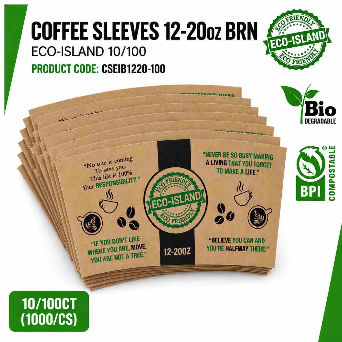 Coffee Sleeves 12-20oz Bwn Eco-Island 10/100