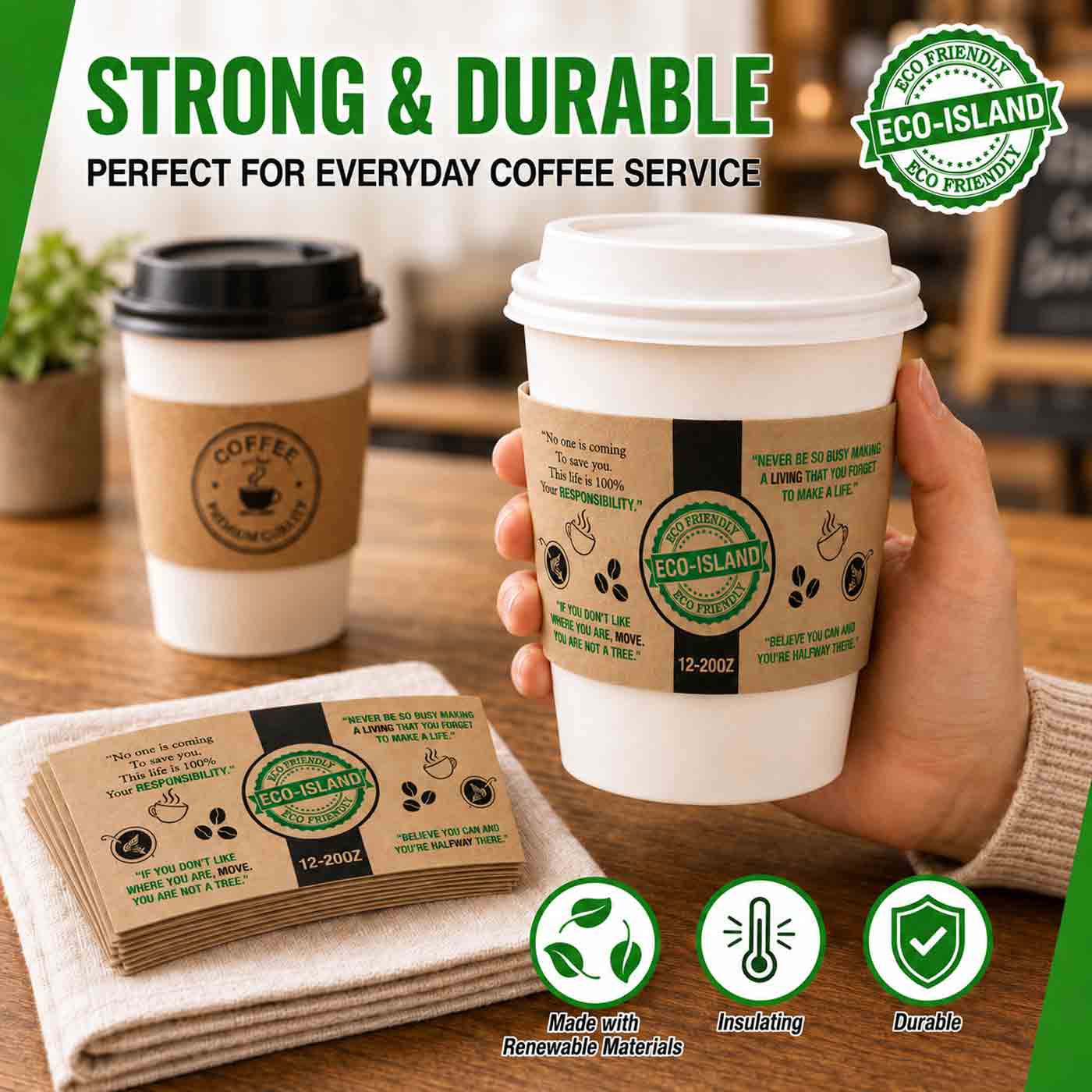Coffee Sleeves 12-20oz Bwn Eco-Island 10/100