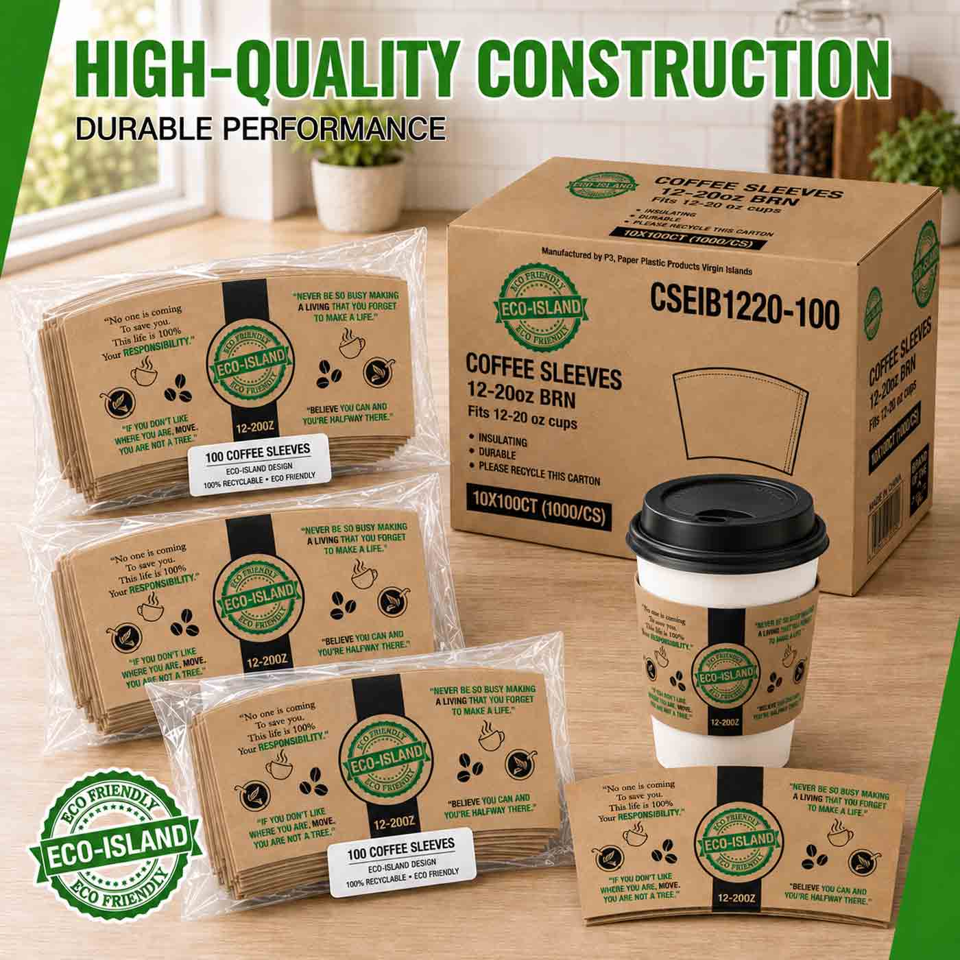 Coffee Sleeves 12-20oz Bwn Eco-Island 10/100