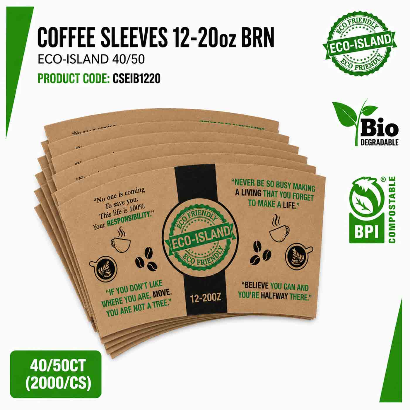 Coffee Sleeves 12-20oz Bwn Eco-Island 10/100