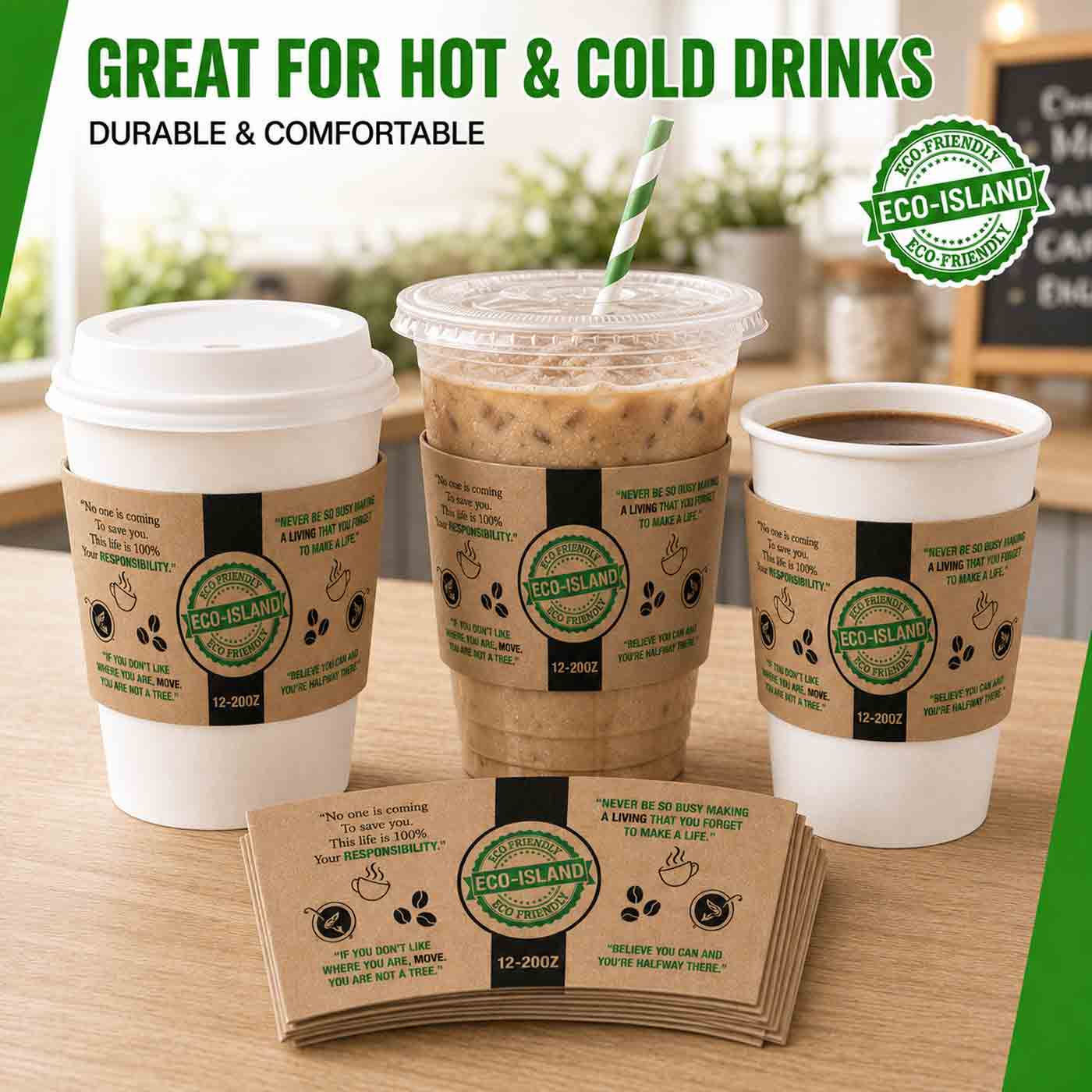 Coffee Sleeves 10/12/16oz BRN Eco-Island Printed 20/50