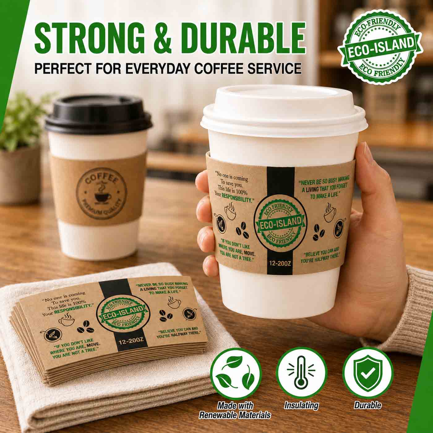 Coffee Sleeves 10/12/16oz BRN Eco-Island Printed 20/50
