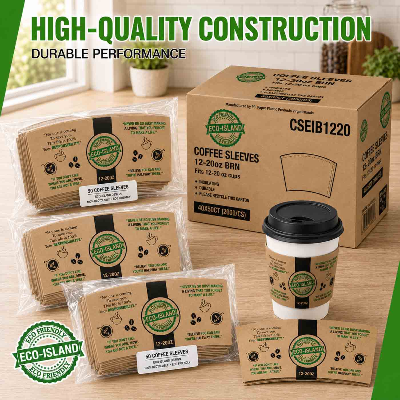 Coffee Sleeves 10/12/16oz BRN Eco-Island Printed 20/50