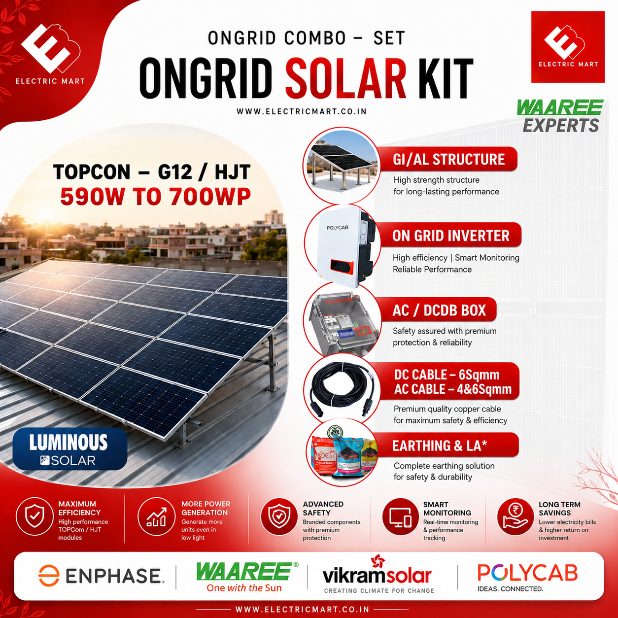 WAAREE 5KW On Grid Single Phase Bifacial Topcon DCR Solar Kit